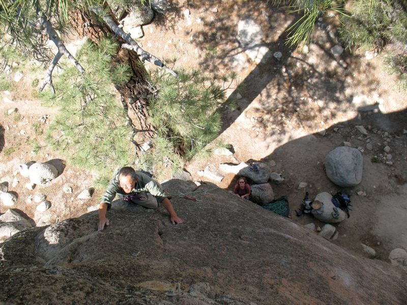 Soo nearing the top of Hubble (5.10b), Holcomb Valley Pinnacles