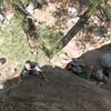 Soo nearing the top of Hubble (5.10b), Holcomb Valley Pinnacles
