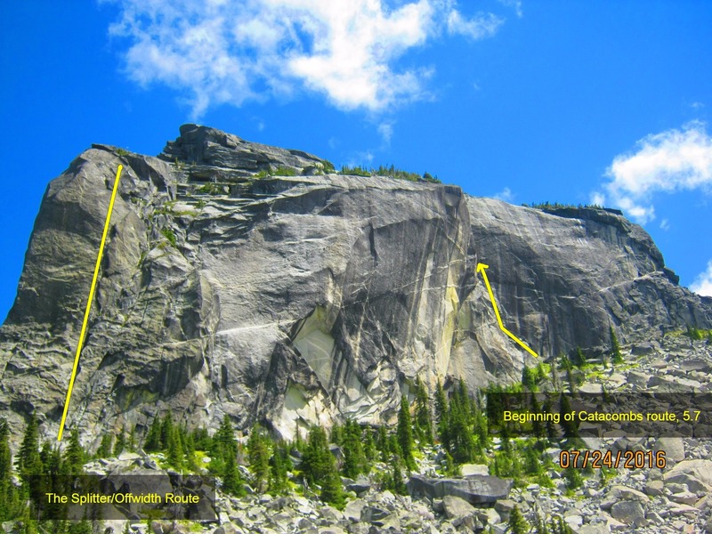 West Face Lions Head. The Splitter/offwidth route is visible on the left, while the disputed catacombs route is out of sight, tucked behind the corner.
