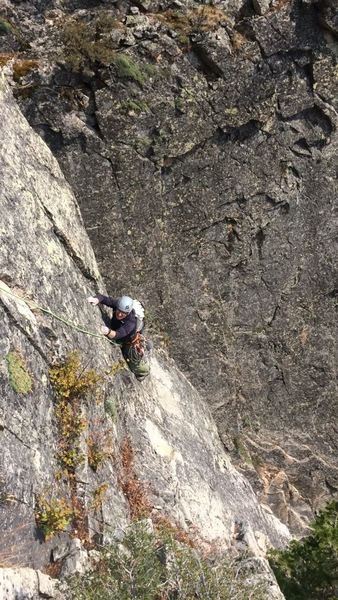 Traversing into the Belay on P2