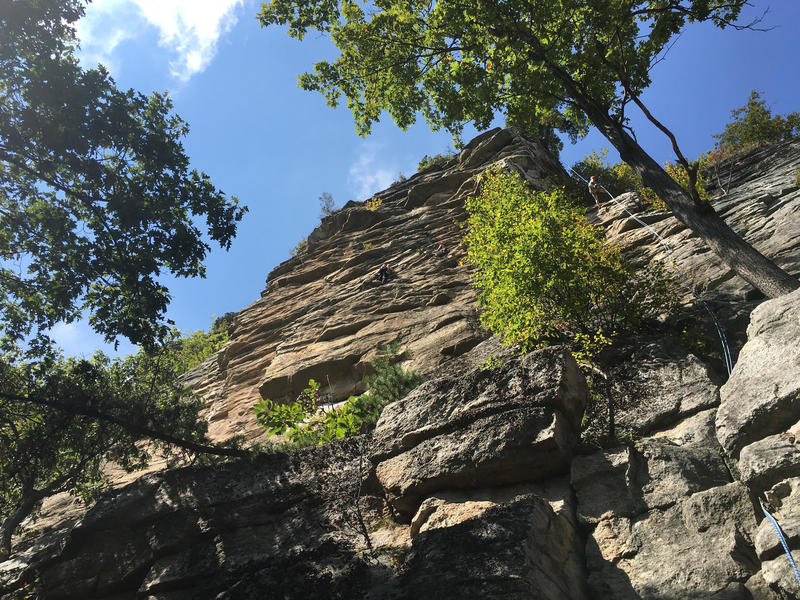Rapping off Madame G with two 70m ropes, climb can be seen to the left of the rap