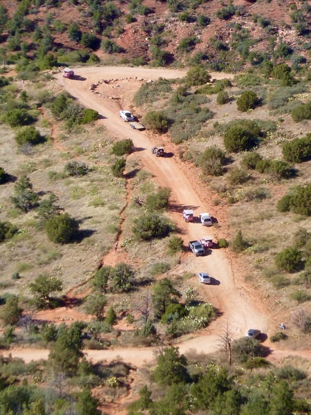 Traffic jam of jeeps. Photo taken from the top.