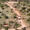 Traffic jam of jeeps. Photo taken from the top.