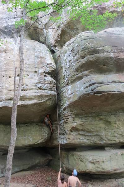 The whole route. Mac is resting after his offwidth battle, before the finger traverse. The rest of the route blasts up the chimney.