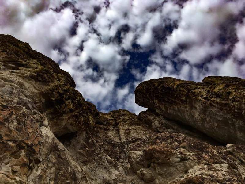 looking up the climb. the climb is in the dihedral in the center of the picture