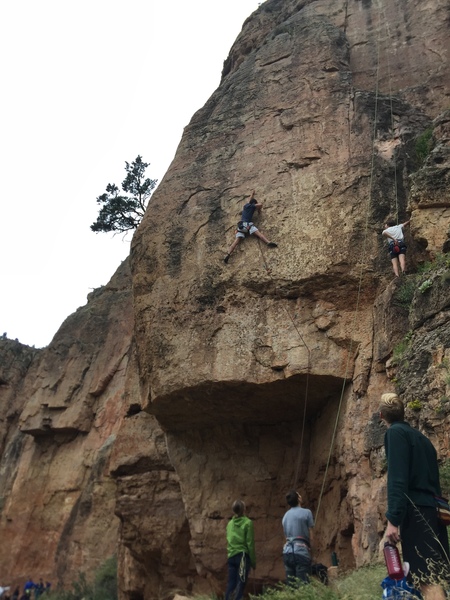 This is "Stud with a Rug," 12a, a quality route with very thin and interesting moves. "Rally Monkey," 12b, veers further left after the third bolt of this. The climber on right side of photo is on "She's Got A Full Set Of Camalots," 10c.