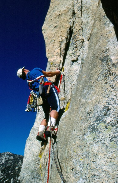Bob Gaines on the first ascent of The Bat, 1987.
<br>
<br>
Around the corner to the left is the fingertip lieback that leads up to the bolt ladder.