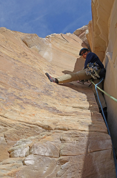 Enjoying the free climbing of pitch two.