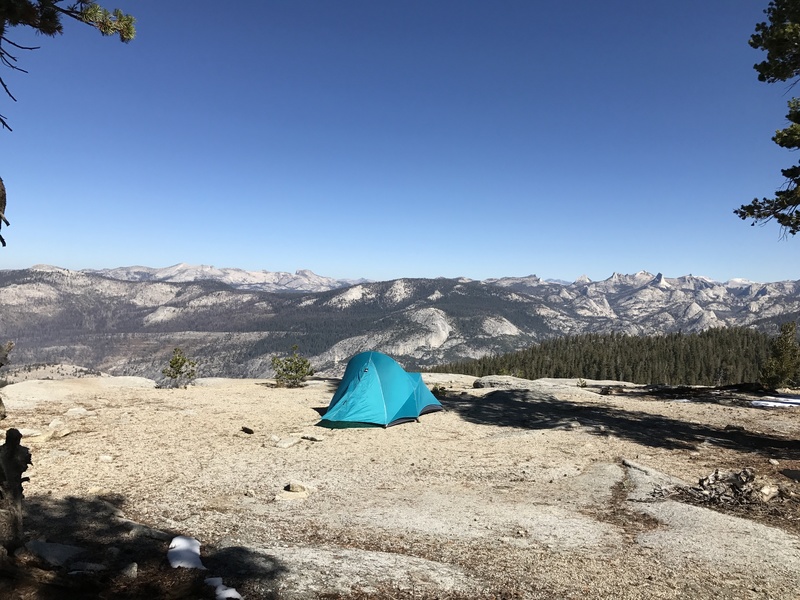 Campsite on Mount Clark, looking over Little Yosemite Valley, toward the Cathedral range