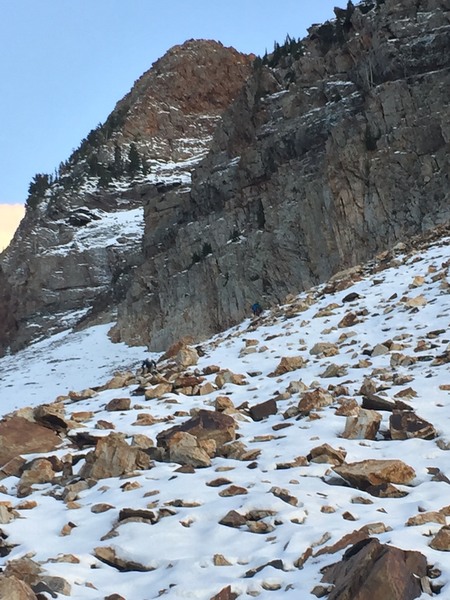 Rappel stations are seen in top right of view. Live trees are easy to rap off of. Can be done with only 2 rap stations if using a 70 m rope; be prepared to leave behind a sling/biner. Scree and boulder fields to descend.