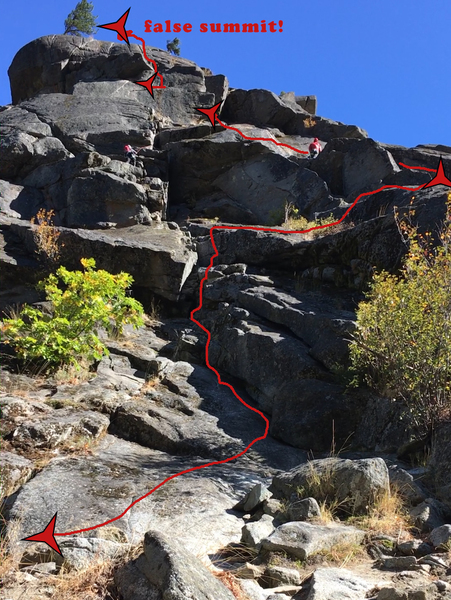 R&D route. There is one more crack to climb (easier) after the false summit in the photo. To walk-off, follow cairns off to the back left.