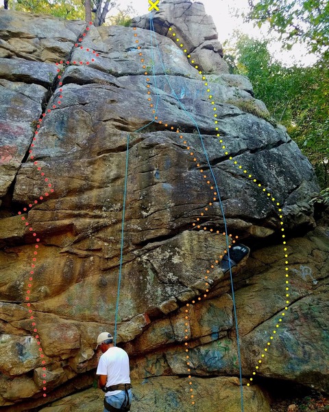 This is the first wall you'll encounter, it's about a 20M wall. Has three different betas, each varying in difficulty. On this wall you'll habe to use a tree as your anchor