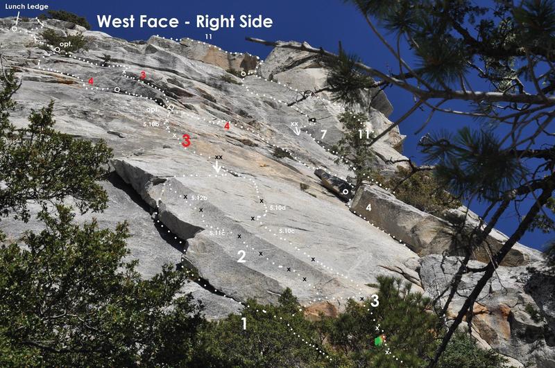 West Face, Right Side
<br>
<br>
1. The Slab
<br>
2. Point Blank
<br>
3. Crimes of Passion (with Direct Start)
<br>
4. Fingertrip
<br>
7. El Camino Real
<br>
11. Jenson's Jaunt