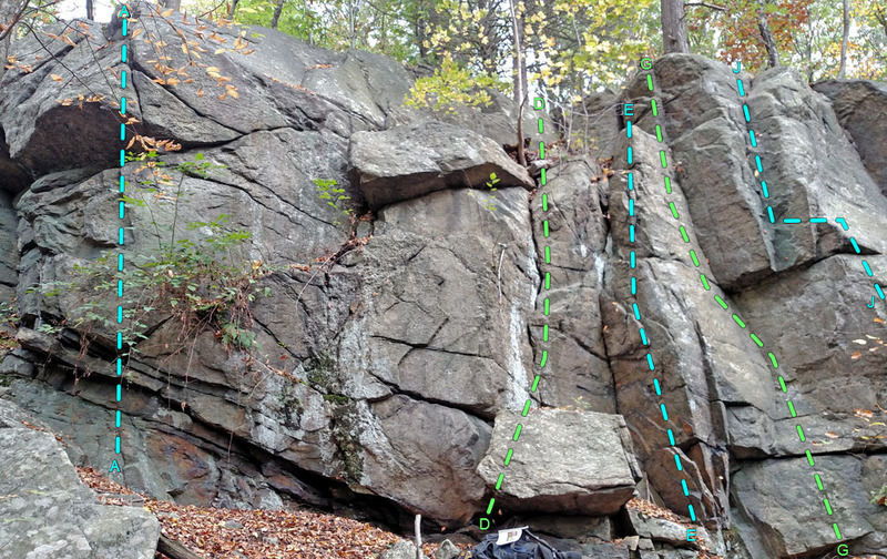 Jumble n Tumble - Left side:
<br>
A. Boo-Boo
<br>
D. Left Crack
<br>
E. Right Face of Left Dihedral
<br>
G. Boxcar
<br>
J. Middle Arete