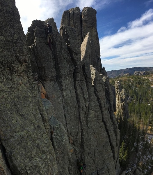 Sweet views! The route goes up the crack to the right of the belayer.