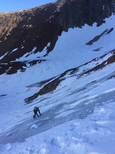 10-17-17. Blue ice before the couloir by the frozen lake. This was the only actual ice in sight. The rest of couloir was mellow neve.