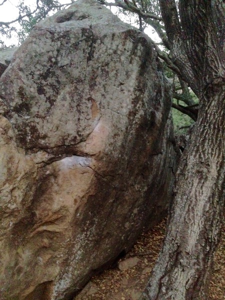 The namesake starting hold shown here highlighted with chalk.