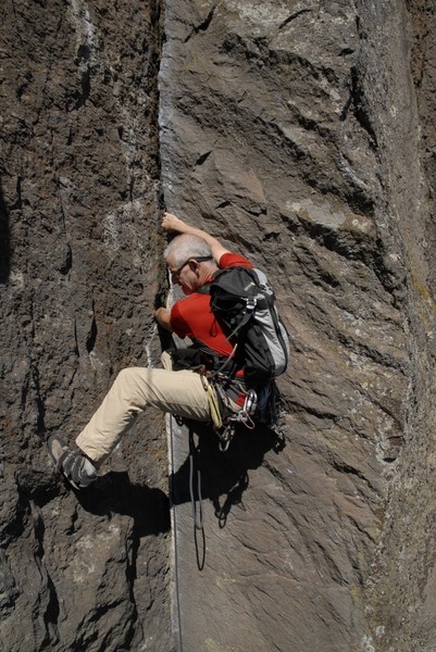 Rope soloing and just leaving the no-hands stem at the second nut placement to do the three or four moves to the top of the OW. The nut placement is back in the crack from my left hand on the flake and requires an extended trad draw.
<br>
<br>
Photo: Jeff Thomas