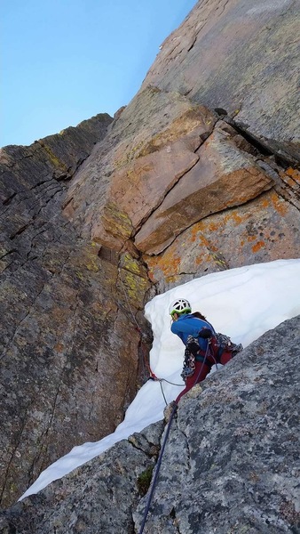 Early season snow at the base of the dihedral, P4/P5.