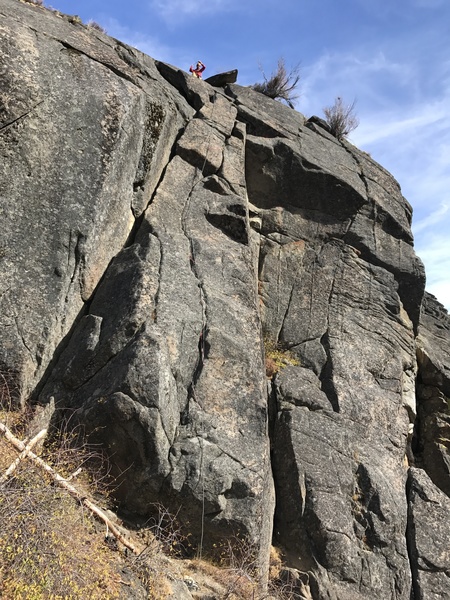 Tobin leading the fabulous 5.7 route on Bob's wall. For route overlay, see the rope line :)