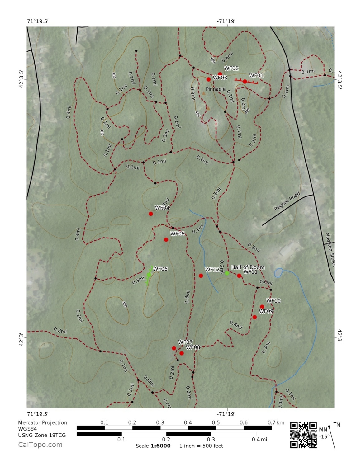 A map of some of the boulders and cliffs in Wrentham State Forest. The ...