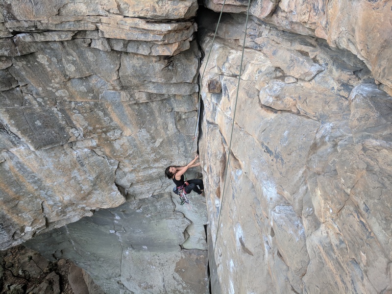 Cassidy does a little laybacking to cruise the middle section of the crack.