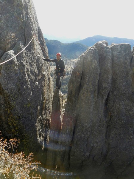 My second on the summit fin. Apparently I should have kept going up to the high point on climber's right (left in this pic, as I'm looking back at the route from the bolts), but as you can see, I came straight across that face. Confusing little bit there.