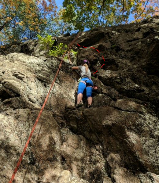The route follows the rope, and the variation (dotted line) goes right of the small overhang/bulge just above climber's head. The right option is juggy with less protection. The straight option (left of the bulge) has slopers with more protection (and vegetation).