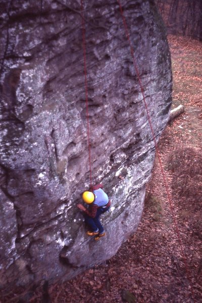 This photo shows me, at the time a beginner climber, attempting Cracker Jack in November 1978. At the time we thought the route was 5.9.