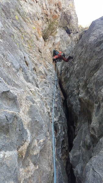 Pitch 4 was the crux. Stem if you can stomach it, or just ow it. Working hard for every move.