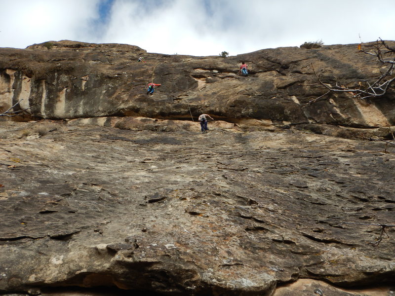 The left pair of climbers are on P2 of Illusions and the right pair are on P2 Arm and Hammer.