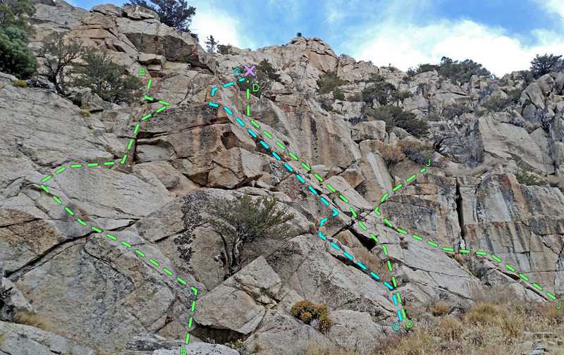 8 Dostie - Left side from W:
<br>
B. Far Left Gully
<br>
C. Left Arete
<br>
D. Near Left Gully (4 bolts)
<br>
J. Hand Traverse
<br>
purple X = 2-bolt anchor
<br>
F. Left Cracks