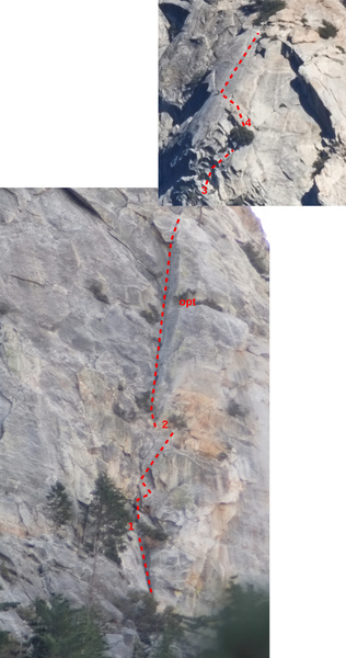 Photo with the route of Angel's Fright at Tahquitz Rock drawn on top.