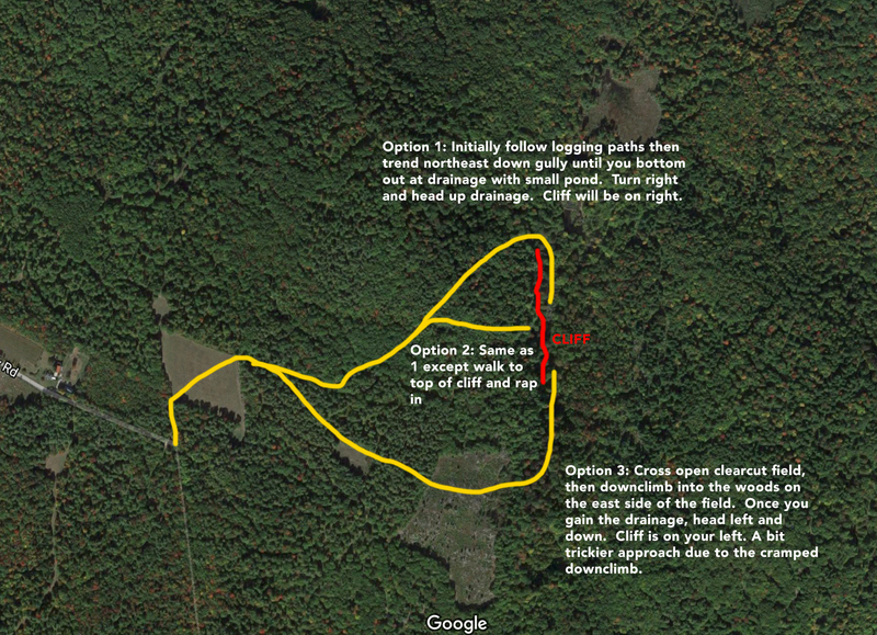 The correct location of the cliff at Pleasant Valley, as well as alternate ways to approach.  The cliff is located at approx 43°34'26.8"N 71°06'25.6"W
