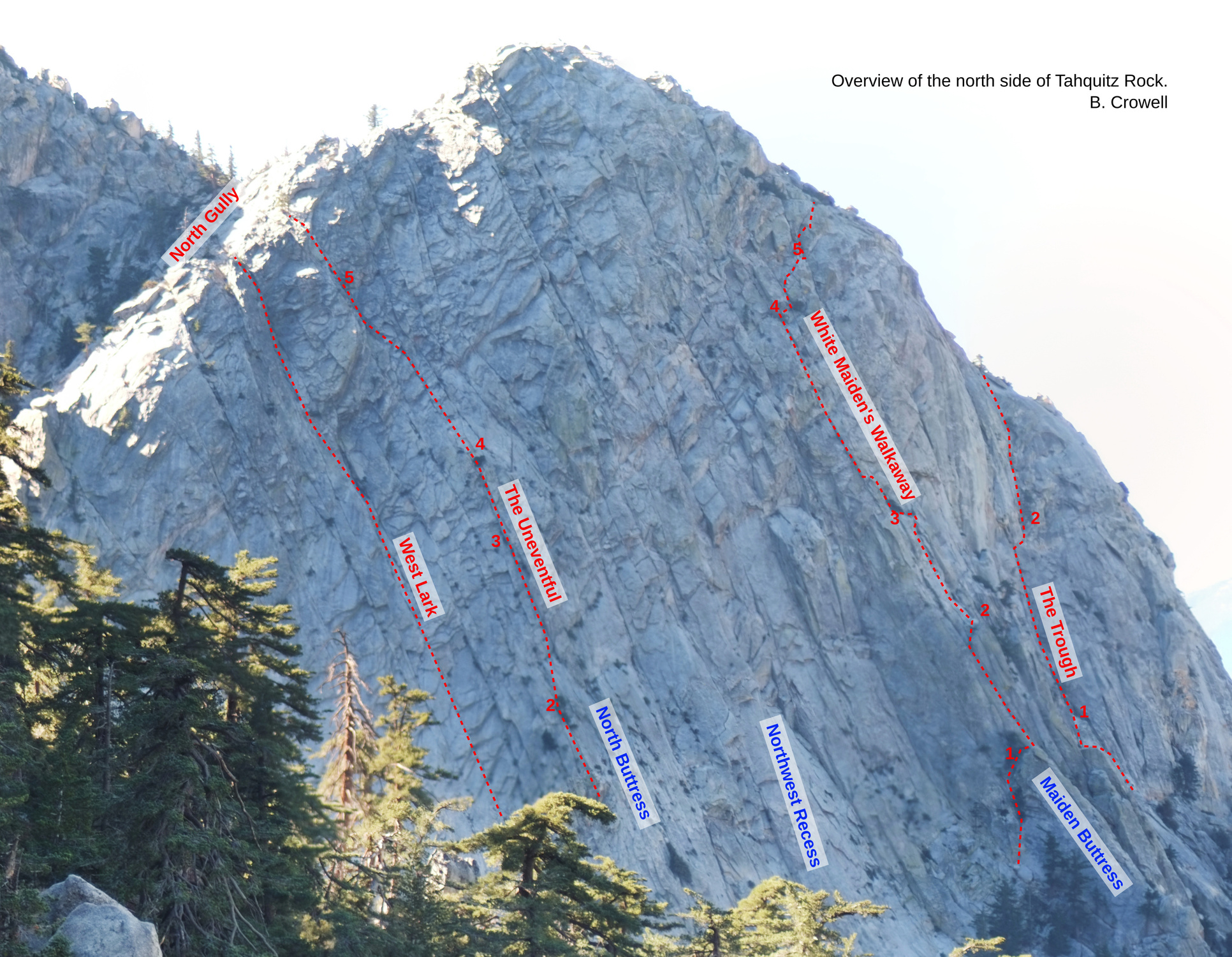 Overview of Tahquitz Rock from the northeast, with some routes and