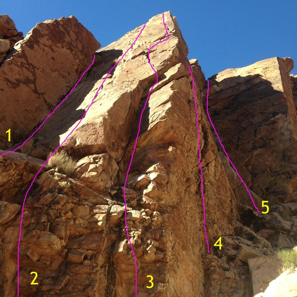 Shark Fin Wall middle.
<br>
1. Wildlife Route
<br>
2.Temptation Crack
<br>
3.Carpe Diem
<br>
4. Shark Tooth
<br>
5. Shark Fin