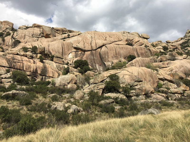 View from trail of climber in red on Phoenix