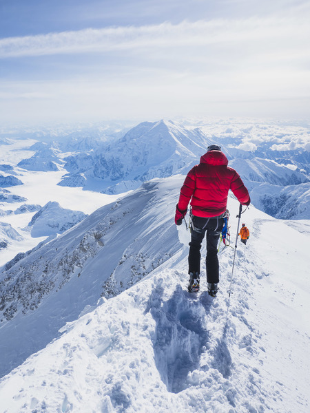 summit ridge of denali, after touching the top on a perfect morning.
