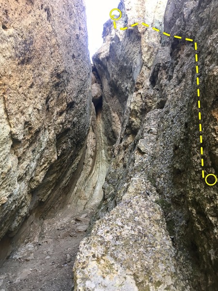 View of gully to regain Vulture Ridge. 5.9+ X move in top of photo, with the decent slab to the right (out of photo).