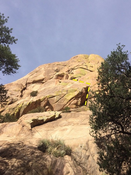 Approach to the flake - We climbed the chimney which becomes a runout arete (p.1), and climbed right to the farthest crack you can access which spits you out at the beginning of the tunnel (p.2). First pitch is drawn