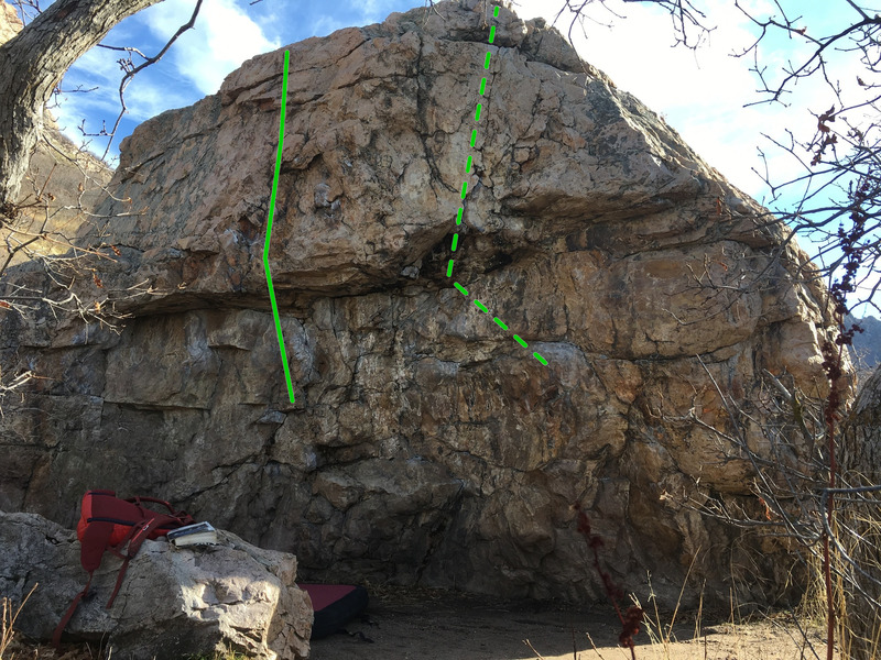 Disorder starts on the big right facing jug and follows crimps over the small roof (solid line).
<br>
Transmission starts at the flat crimp rail and moves left and up into the "crack"/layback flakes (dotted line).
