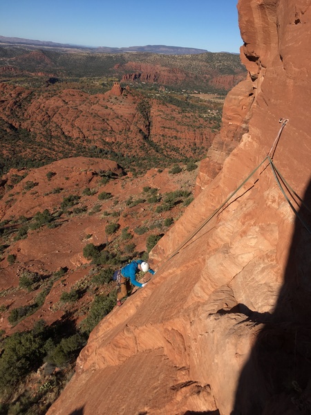 AK47 coming up the 2nd pitch of Vortex, with TK74 somewhere below.
<br>
<br>
We were able to link pitch 1 and 2 of Vortex plus a 40' walk right to the base of Freedom.
<br>
<br>
The anchor in the photo it the top of P2 of Vortex.