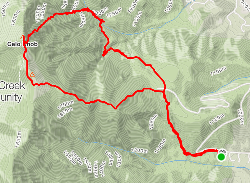 Total route from the Woody Ridge Trailhead to the base of Crescent/Browns Creek Falls, then traversing north past the drainage for Left Wishbone and then up Right Wishbone to the summit.