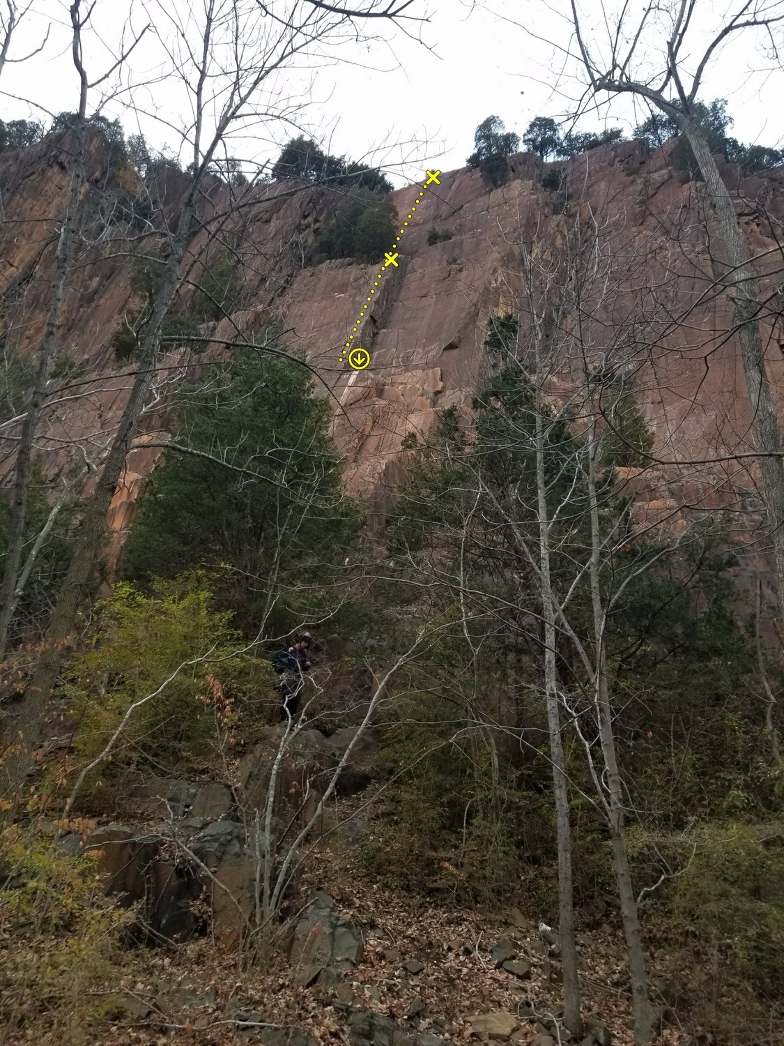 Route starts at a roomy ledge inside the rightfacing corner about a