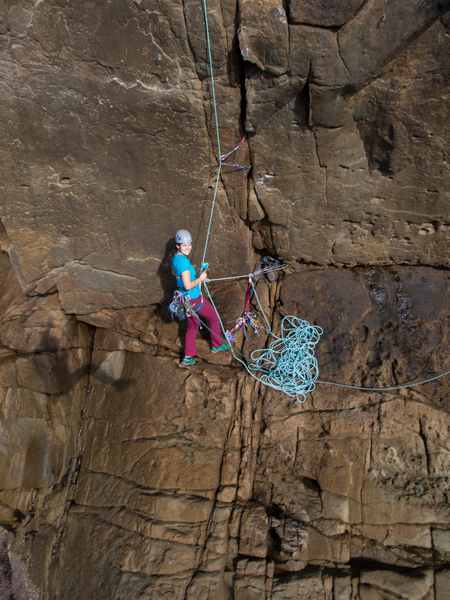 Kicking out for a view. The route is well bolted, but we used a few cams to protect the opening moves