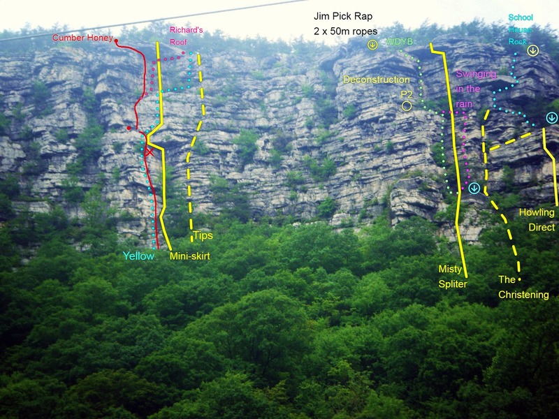 Luke Douglas original photo with comment : “The route Cumber Honey from the road below the cliff. The large red X is a block that could seriously ruin your day. It is huge and moves quite easily when touched on its left hand side. The huge roof on the right hand side of this photo is part of the Jim Pick Wall.”
<br>
<br>
I added some extra data where I thought the descriptions matched the routes or to routes I have climbed.
<br>
<br>
If you spot any errors or can confirm more routes let me know!