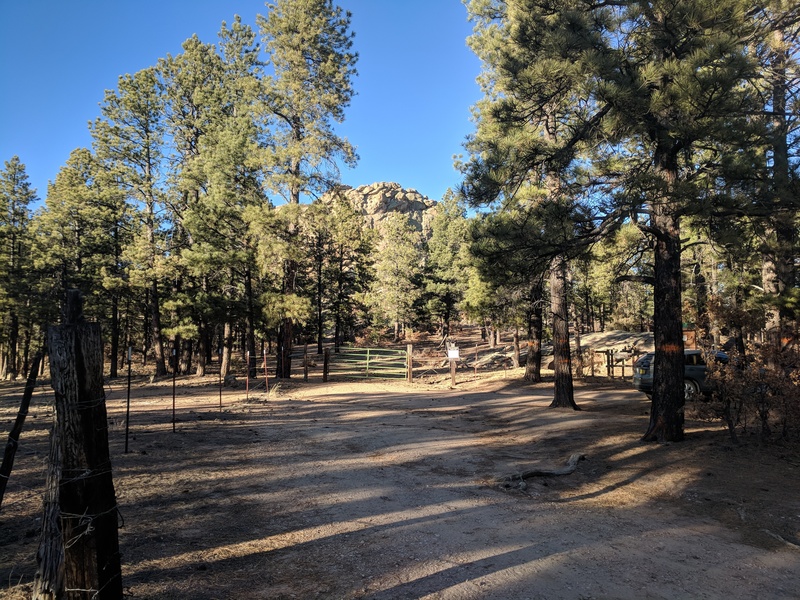 Here's the gate in the parking area. There are 2 trails, 1 on private land and 1 on public. The private land trail takes you directly to the base of Mosaic Rock in only .1 miles