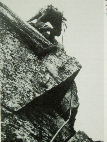 Leading the "Pipe Pitch" in the "good old days" of vibram boots and pitons-and-hammer protection. Circa 1968, photo by the late Ed Nester