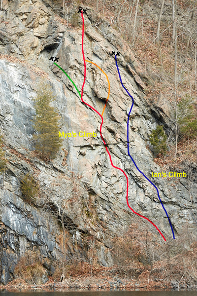 BLUE: Ian's Climb, RED: Mya's Climb, ORANGE: Mya's roof variation, GREEN: Route to traverse line (other climbs)
