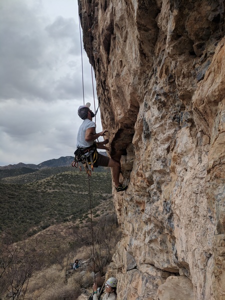 Brett working the first crux